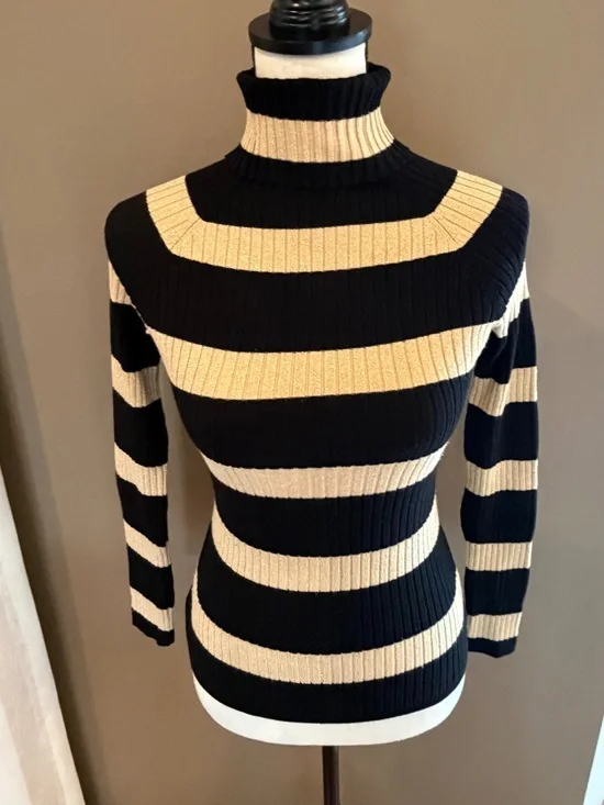 International Concepts Black & Gold striped ribbed turtleneck sweater, Size Med - Picture 2 of 9